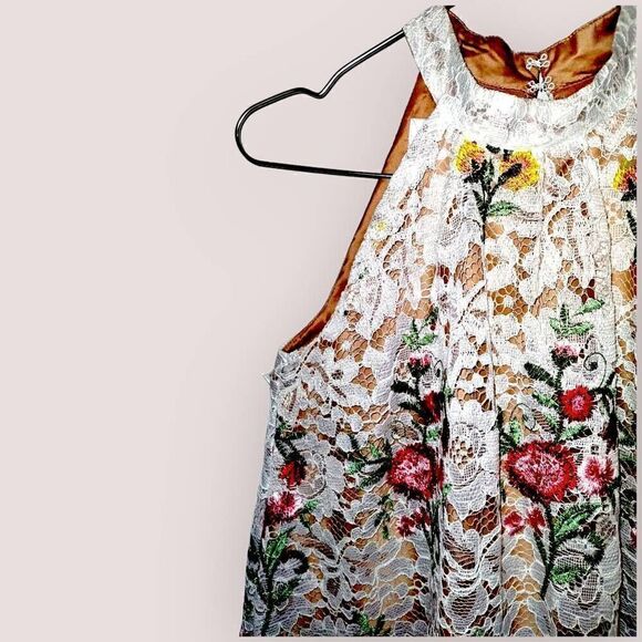 Badgley Mishka Womens Dress Sz 16 Belle Ivory Lace Red Floral Halter Sleeveless - Picture 3 of 16